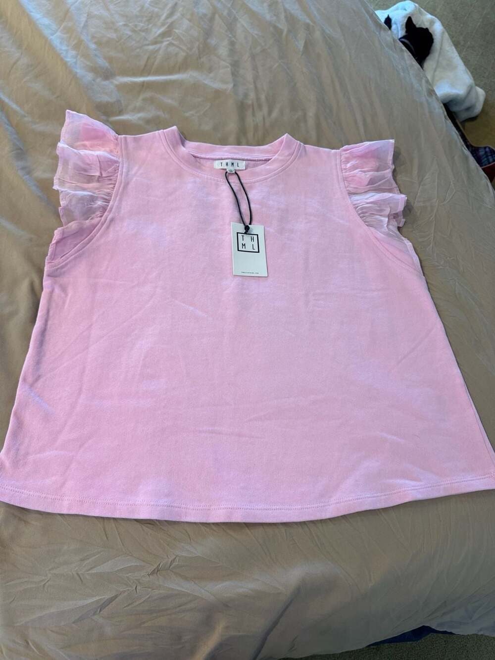 NWT THML Ruffle Sleeve Top Size L Pink Cotton Blend